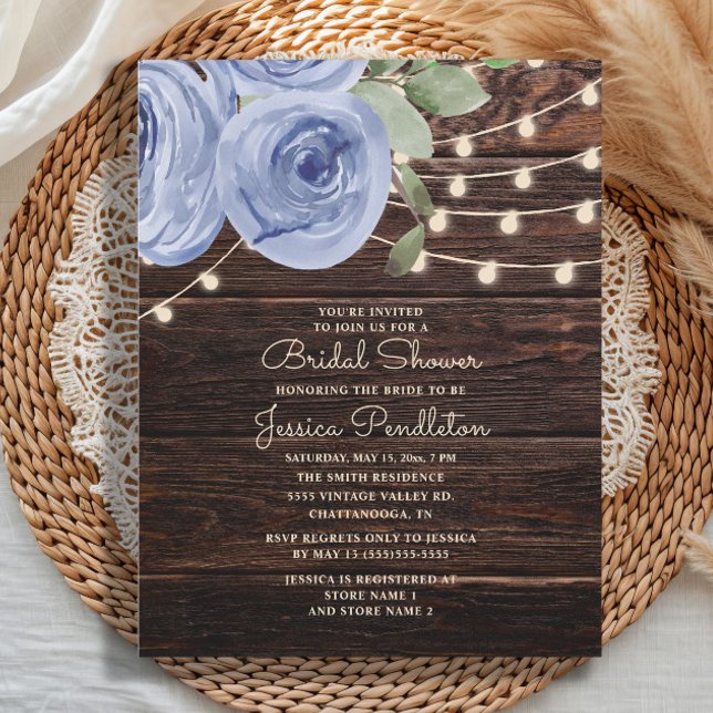 Rustic Wood Blue Floral String Light Bridal Shower Invitation (Elegant dusty blue floral and string lights on rustic wood Bridal Shower invitation)
