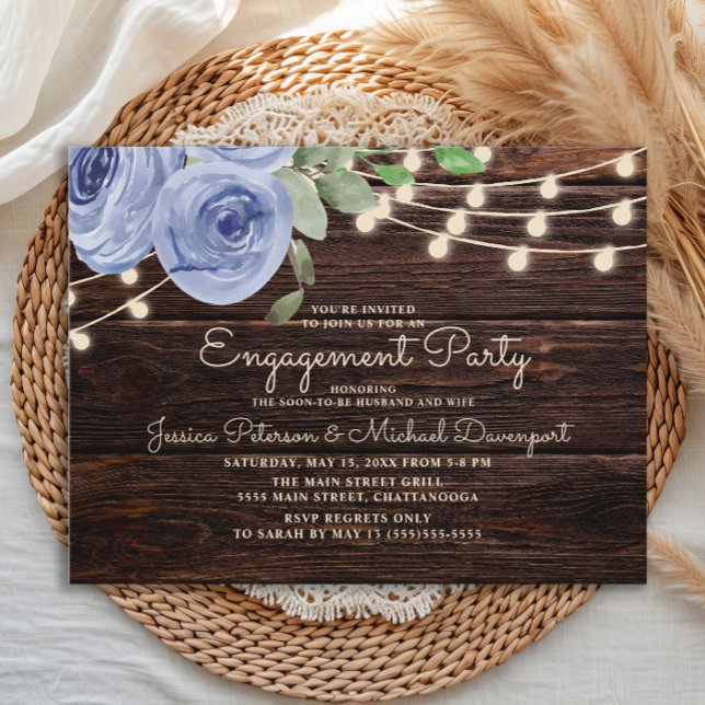 Rustic Wood Blue Floral String Lights Engagement Postcard (Rustic wood and dusty blue floral and string lights wedding engagement party invitation postcard)