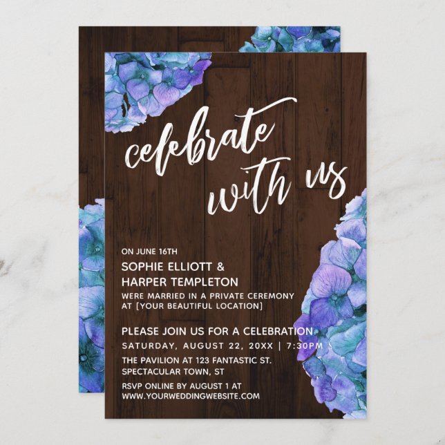 Rustic Wood Blue Hydrangea Celebrate with Us Invitation (Front/Back)