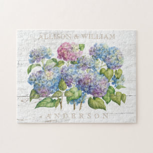 Rustic Wood Blue Hydrangea Couples Monogrammed Jigsaw Puzzle