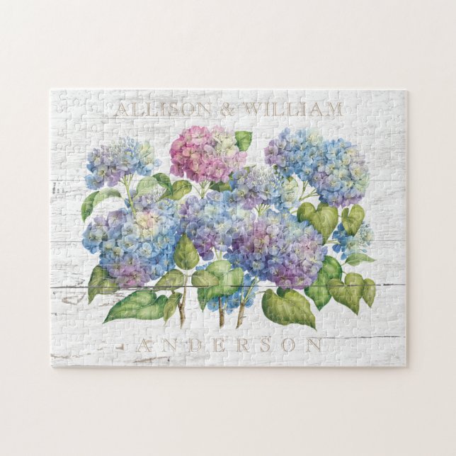 Rustic Wood Blue Hydrangea Couples Monogrammed Jigsaw Puzzle (Horizontal)