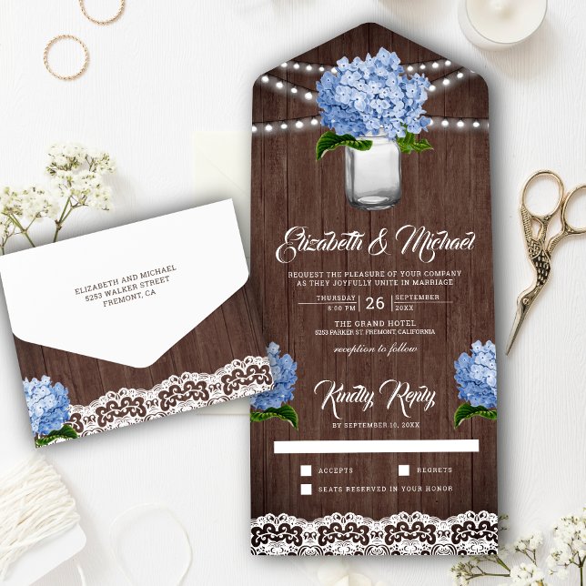 Rustic Wood Blue Hydrangea Mason Jar Wedding All In One Invitation (Creator Uploaded)