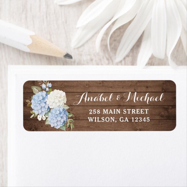 Rustic Wood Blue Hydrangea Return Address Label (Insitu)