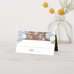 Rustic Wood Blue Hydrangea String Lights Mason Jar Place Card