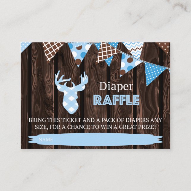 Rustic Wood Blue Plaid Deer Diaper Raffle Ticket Enclosure Card (Front)