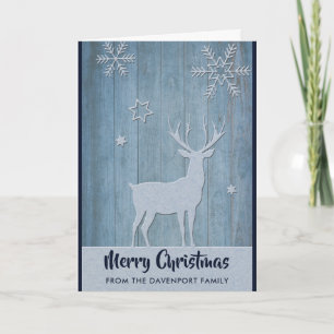 Rustic Wood Blue Reindeer Country Christmas Card