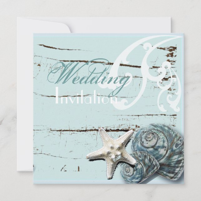 Rustic Wood blue Seashell Coastal Beach Wedding Invitation (Front)