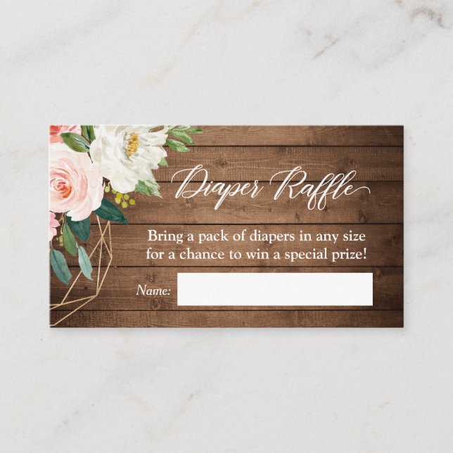 Rustic Wood Blush Floral Baby Shower Diaper Raffle Enclosure Card (Front)