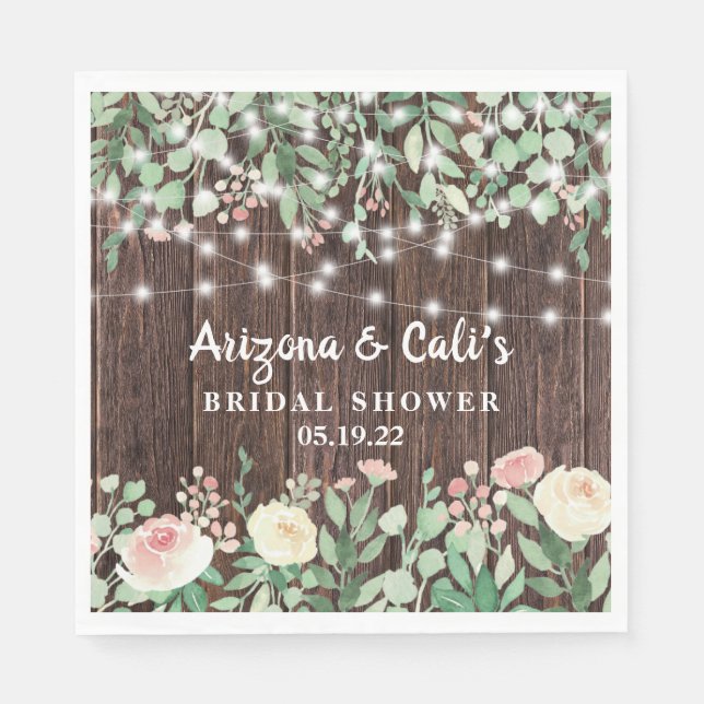 Rustic Wood Blush Floral Lights Bridal Shower Napkin (Front)