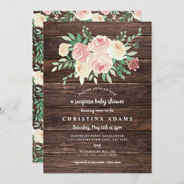 Rustic Wood Blush Floral surprise baby shower Invitation (Front/Back)