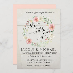 Rustic Wood Blush Ivory Roses Leaf Wreath Wedding Invitation