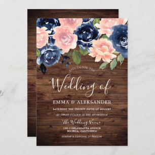 Rustic Wood Blush & Navy Floral Wedding Invitation