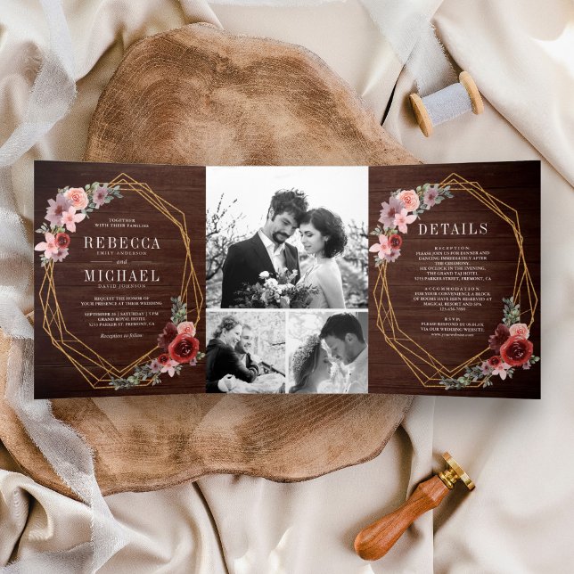 Rustic Wood Blush Pink Burgundy Floral Wedding Tri-Fold Invitation (Creator Uploaded)