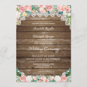 Rustic Wood Blush Pink Floral and Lace Wedding Invitation