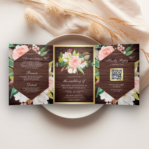 Rustic Wood Blush Pink Floral Gold QR Code Wedding Tri-Fold Invitation