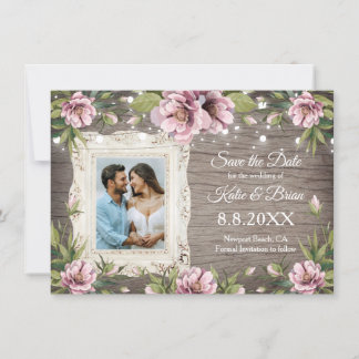 Rustic Wood Blush pink floral photo Save the Date Invitation