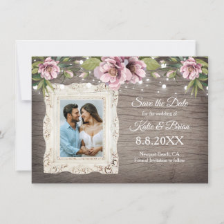 Rustic Wood Blush pink floral photo Save the Date Invitation