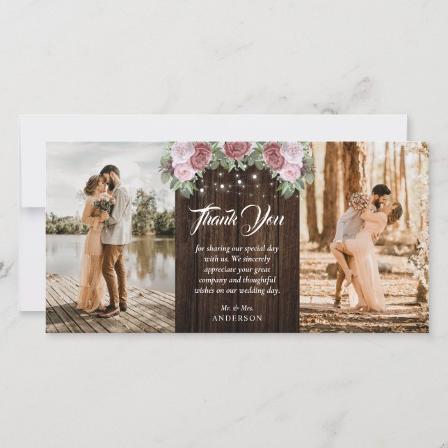 Rustic Wood Blush Pink Floral Wedding 2 Photo Thank You Card (Front)