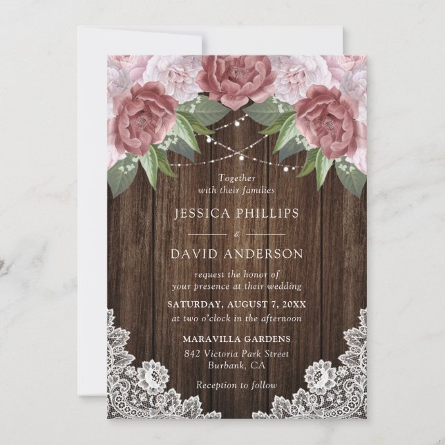 Rustic Wood Blush Pink Floral Wedding Invitations (Front)