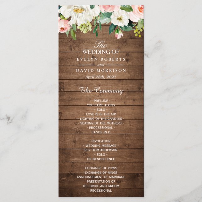 Rustic Wood Blush Pink Floral Wedding Program (Front)