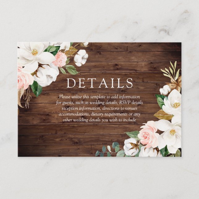 Rustic Wood Blush & White Flowers Wedding Details Enclosure Card (Front)
