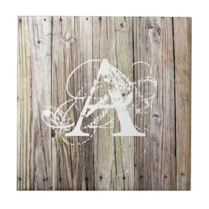 Rustic Wood Boards with Shabby Chic Monogram Ceramic Tile