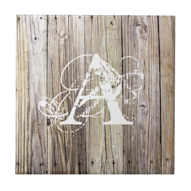 Rustic Wood Boards with Shabby Chic Monogram Ceramic Tile (Front)