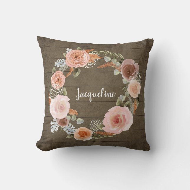 Rustic Wood BOHO Blush Peach Floral Wreath Girl Cushion (Front)