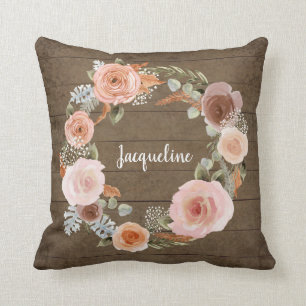 Rustic Wood BOHO Blush Peach Floral Wreath Girl Cushion