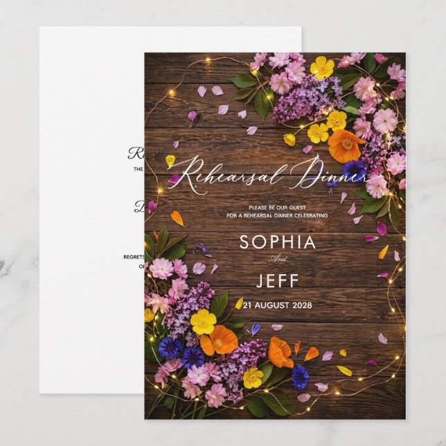 rustic wood boho classic rehearsal dinner invite (Front/Back)