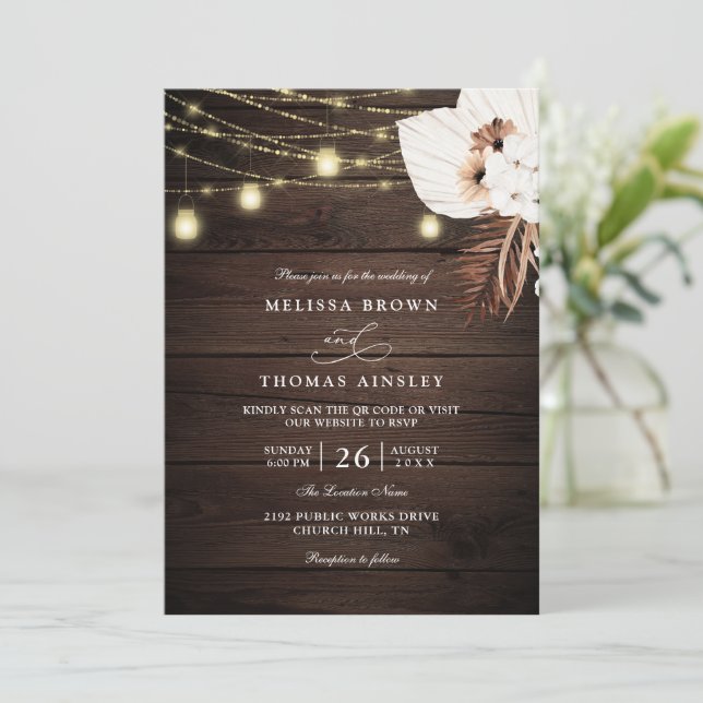 Rustic Wood Boho Dried Floral QR Code Wedding Invitation (Standing Front)