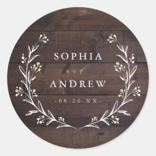 Rustic Wood Boho Floral Country Wedding Favours Classic Round Sticker