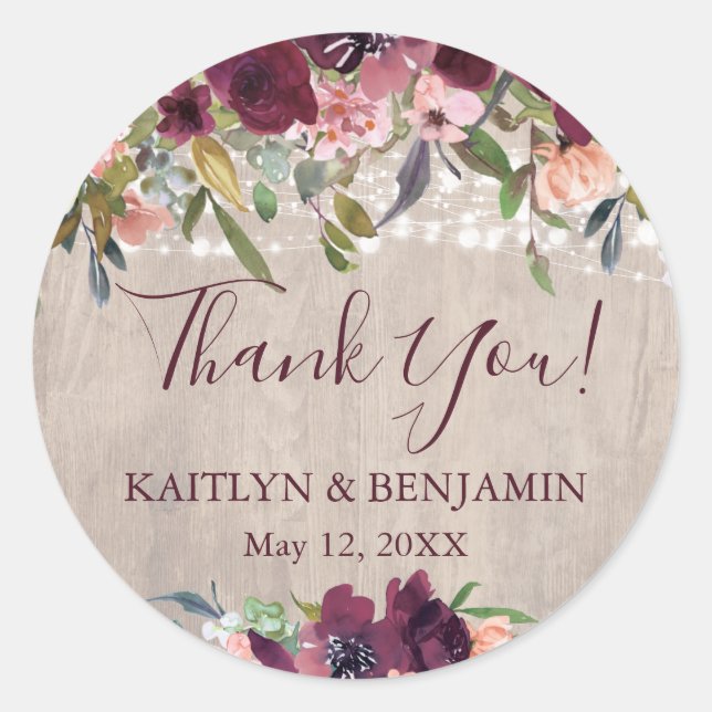 Rustic Wood Boho Floral Lights Wedding Classic Round Sticker (Front)