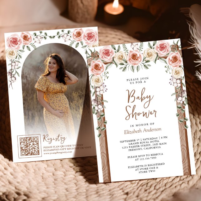 Rustic Wood Boho Floral Photo Canopy Baby Shower Invitation (Creator Uploaded)