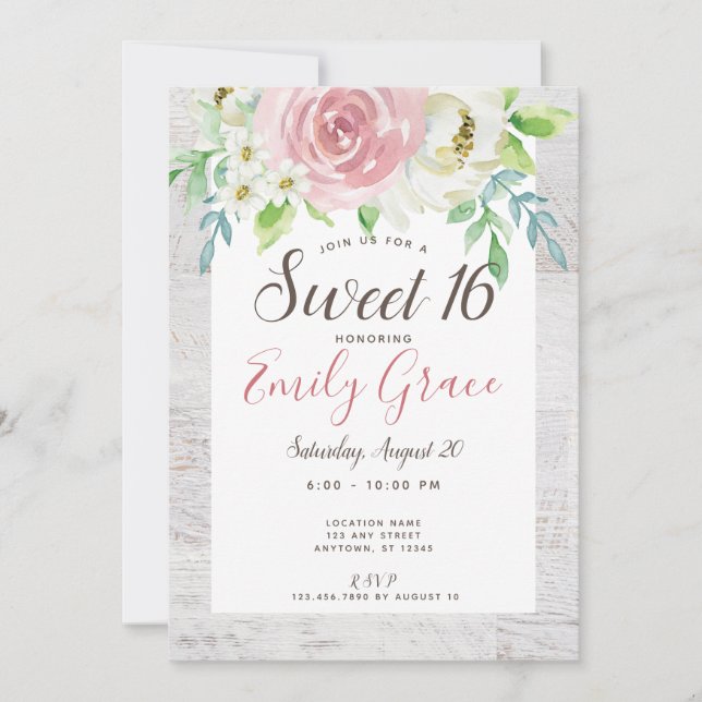 Rustic Wood Boho Floral Sweet 16 Birthday Invitation (Front)