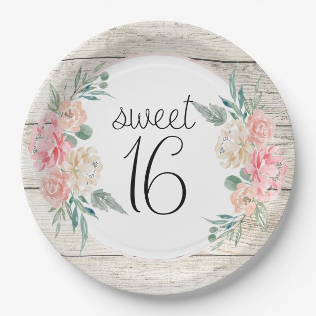 Rustic Wood Boho Floral Sweet 16 Birthday Paper Plate (Front)
