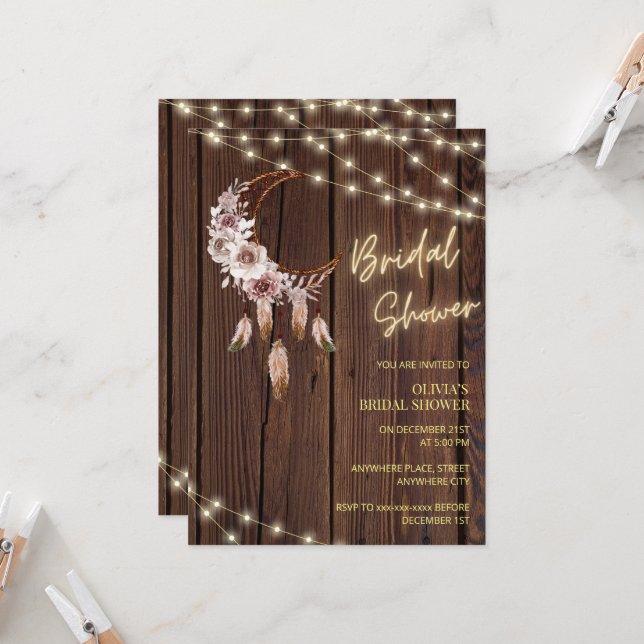 Rustic wood boho string lights bridal shower  invitation (Front/Back In Situ)