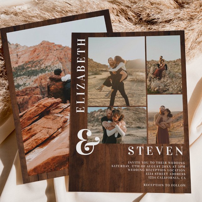 Rustic wood bold ampersand 5 photo grid wedding invitation (Rustic wood bold ampersand 5 photo grid wedding invitation)