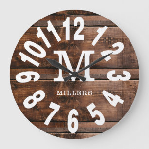 Rustic Wood Bold Numbers Family Name Monogram  Large Clock