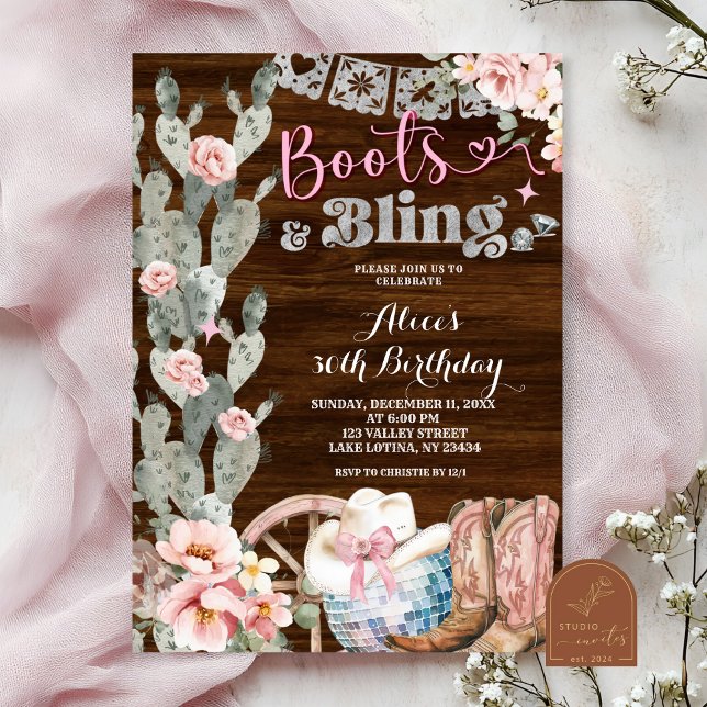 Rustic Wood Boots and Bling Birthday Invitation (Creator Uploaded)
