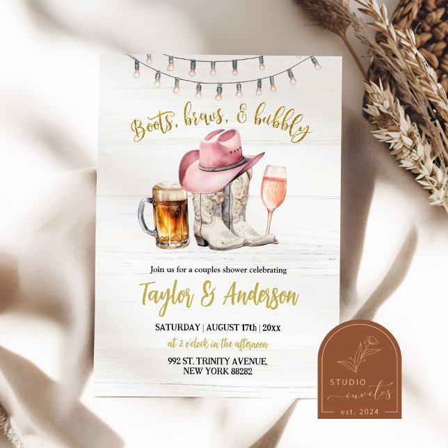 Rustic Wood Boots, Brews and Bubbly Couple Shower Invitation (Creator Uploaded)