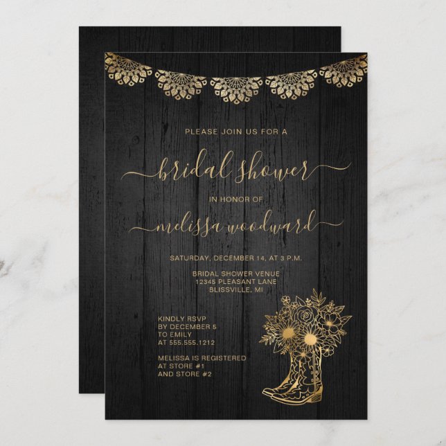 Rustic Wood Boots Lace Black Gold Bridal Shower Invitation (Front/Back)