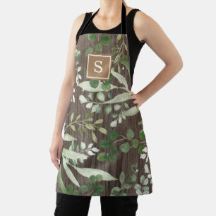 Rustic Wood Botanical Greenery Monogram Apron
