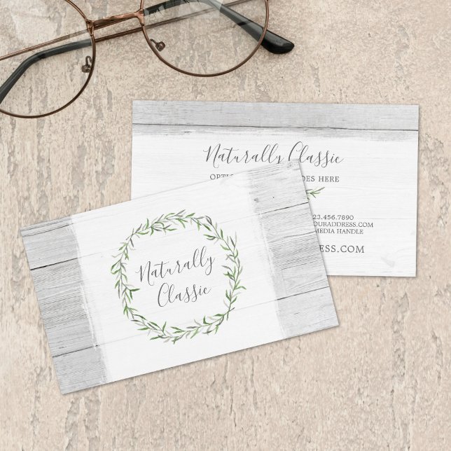 Rustic Wood & Botanical Leaf Branches Green Wreath Business Card (Creator Uploaded)
