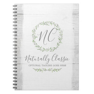 Rustic Wood & Botanical Leaf Branches Green Wreath Notebook