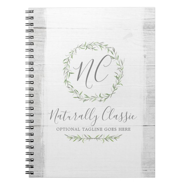 Rustic Wood & Botanical Leaf Branches Green Wreath Notebook (Front)