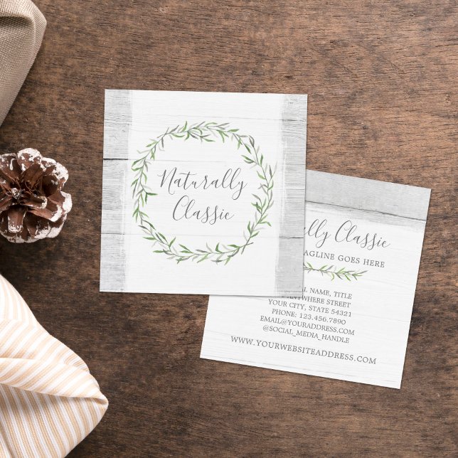 Rustic Wood & Botanical Leaf Branches Green Wreath Square Business Card (Creator Uploaded)