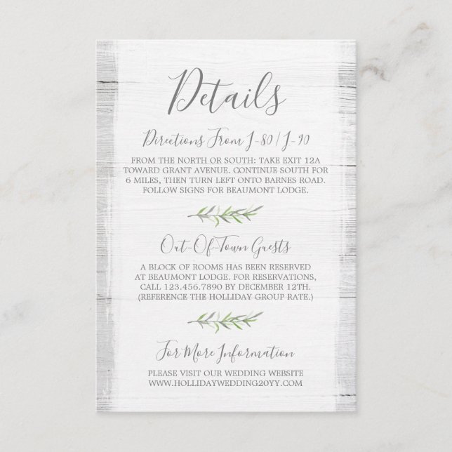 Rustic Wood & Botanical Leaf Details / Directions Enclosure Card (Front)