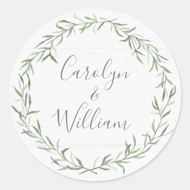 Rustic Wood & Botanical Leaves Wedding Stationery Classic Round Sticker (Front)