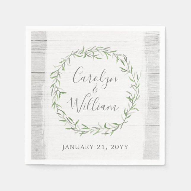 Rustic Wood & Botanical Leaves Wreath Wedding Napkin (Front)